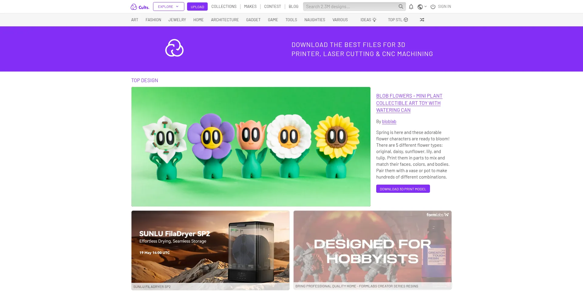 Website screenshot of Cults3d.com