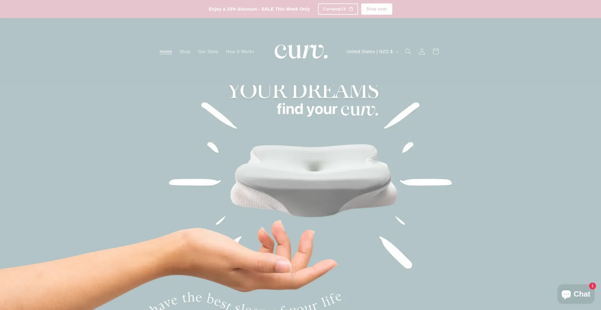 Website screenshot of Curvpillow.com