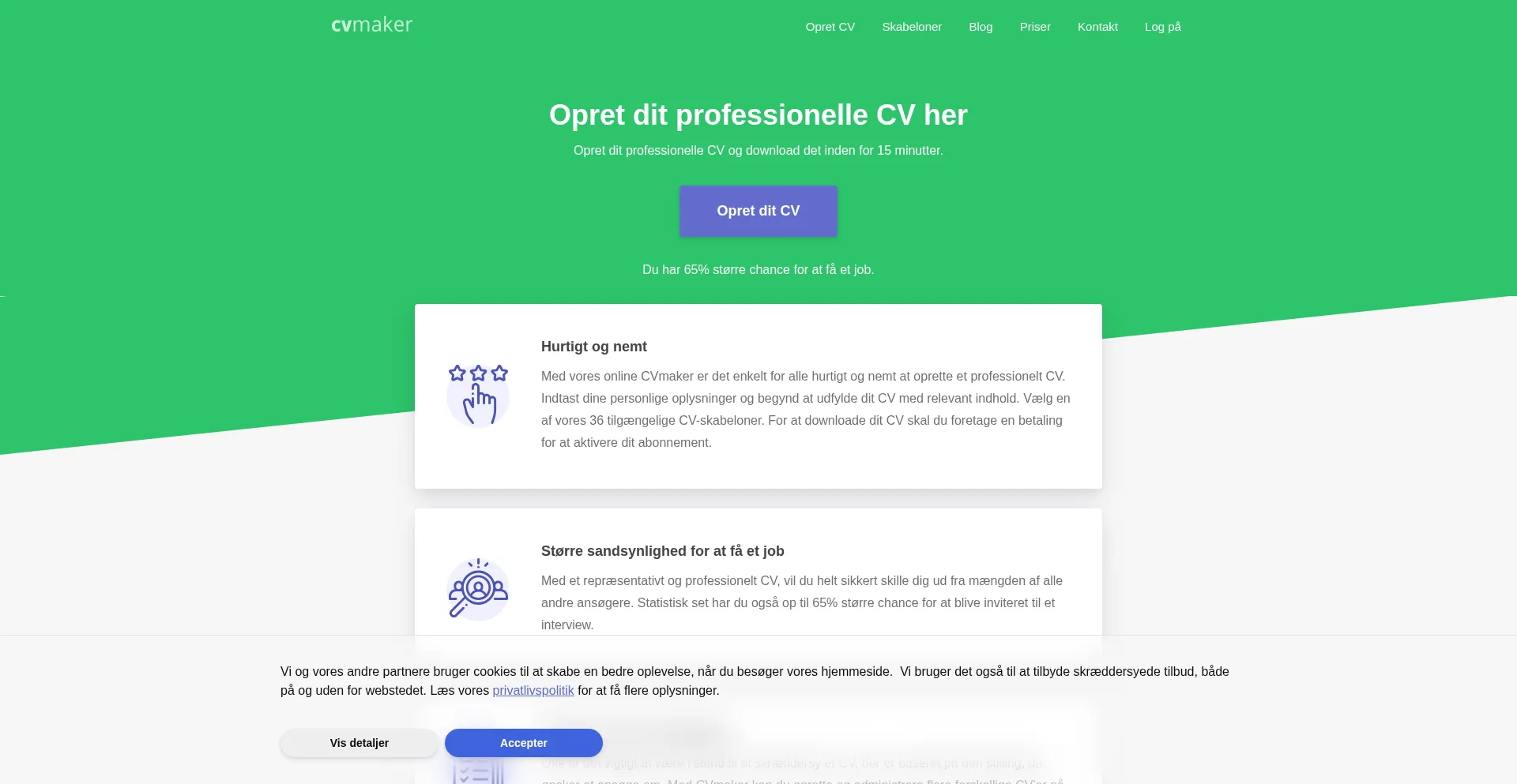 Website screenshot of Cvmaker.dk