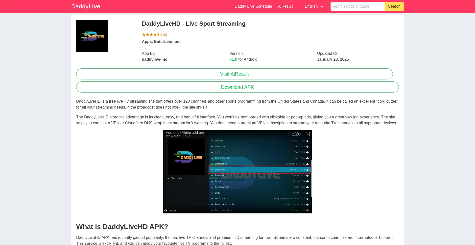 Website screenshot of Daddylivehd.net