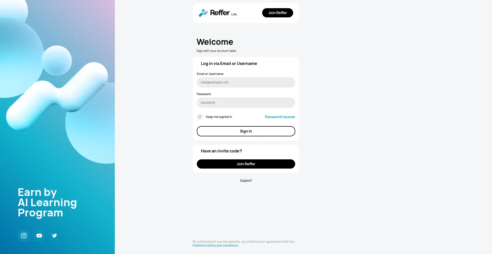 Website screenshot of Dashboard-lite.reffer.ai