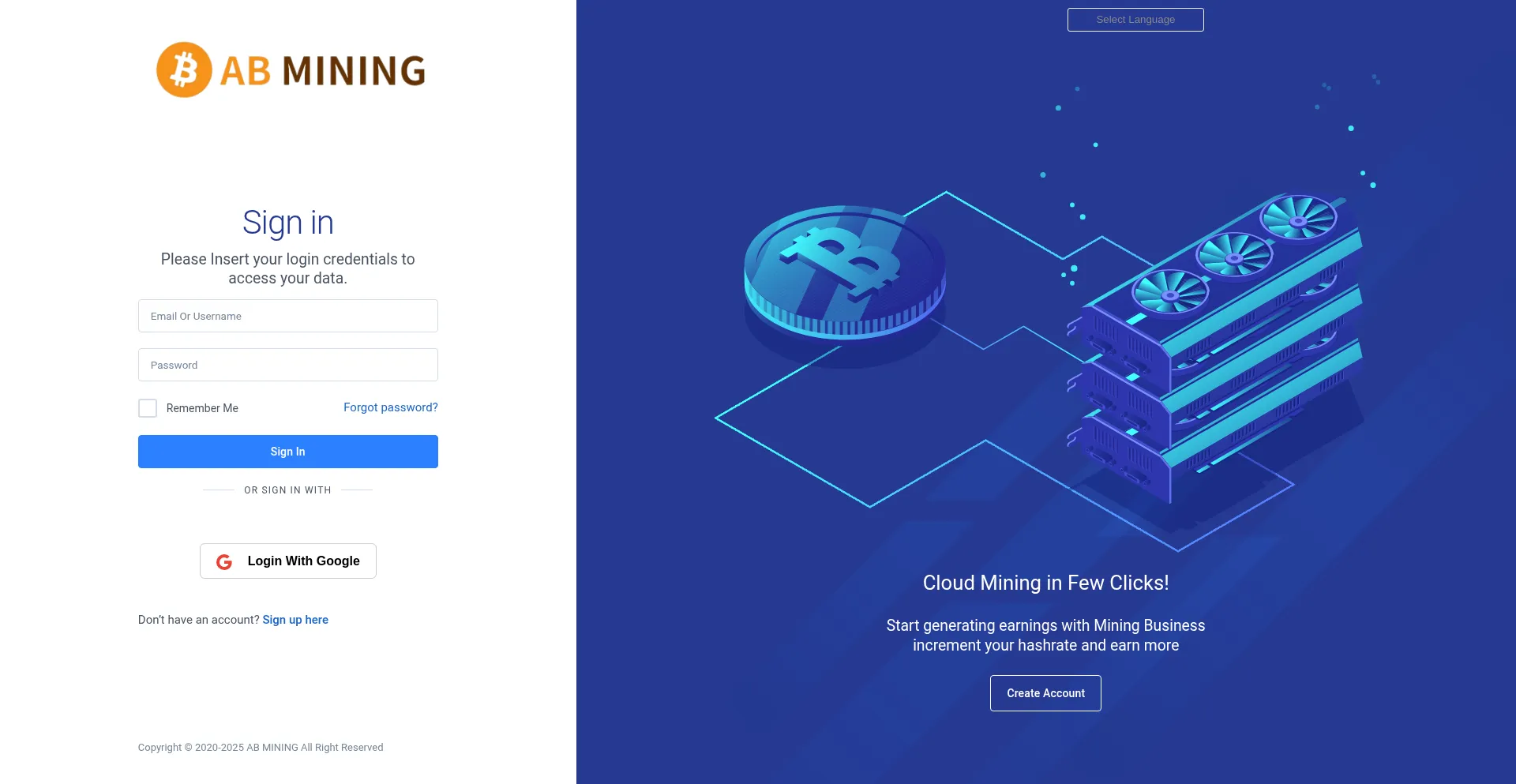 Website screenshot of Defi.abmining.pro