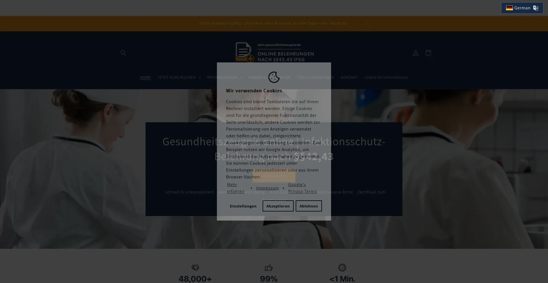 Website screenshot of Dein-gesundheitszeugnis.de