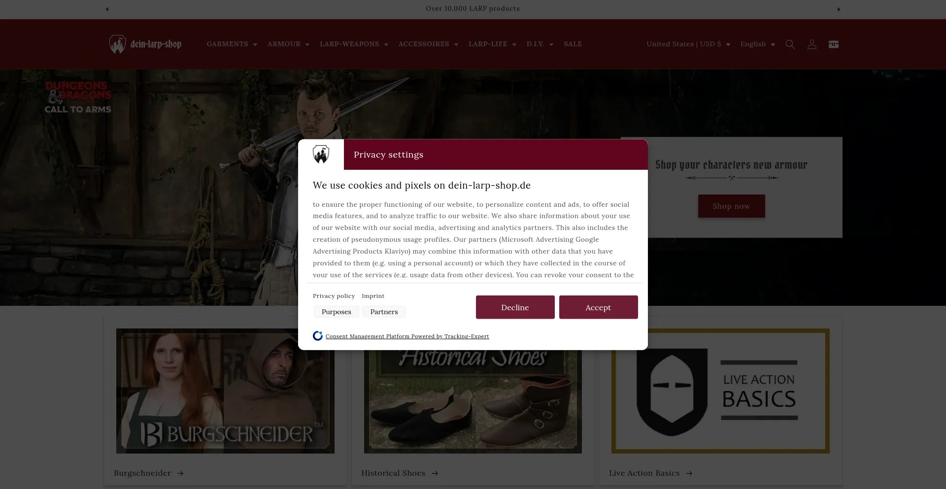 Website screenshot of Dein-larp-shop.de