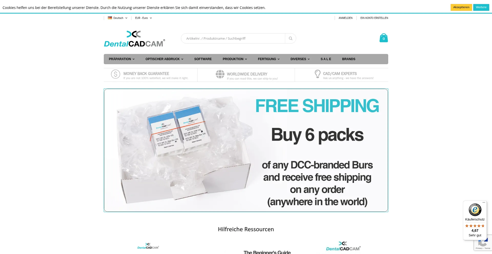 Website screenshot of Dentalcadcamshop.com