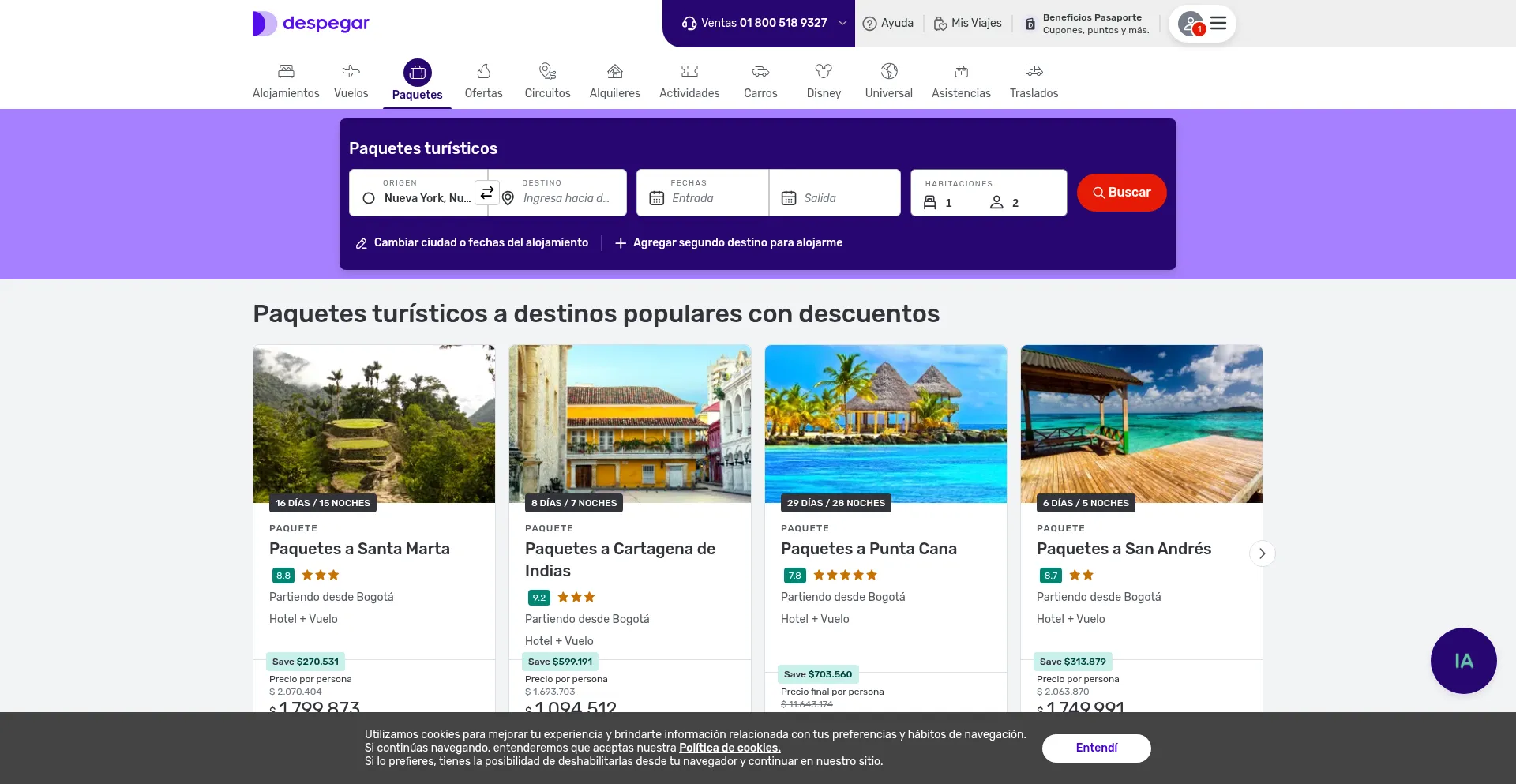 Website screenshot of Despegar.com.co