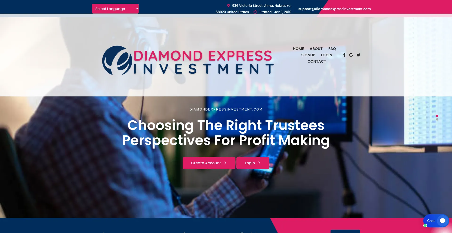 Website screenshot of Diamondexpressinvestment.com