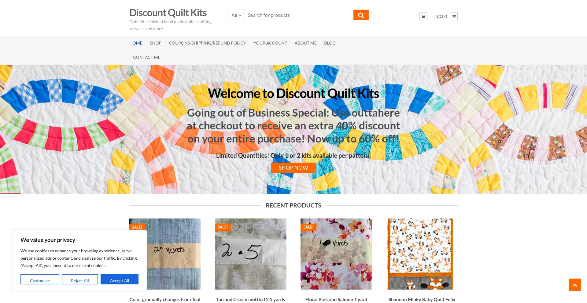 Website screenshot of Discountquiltkits.com