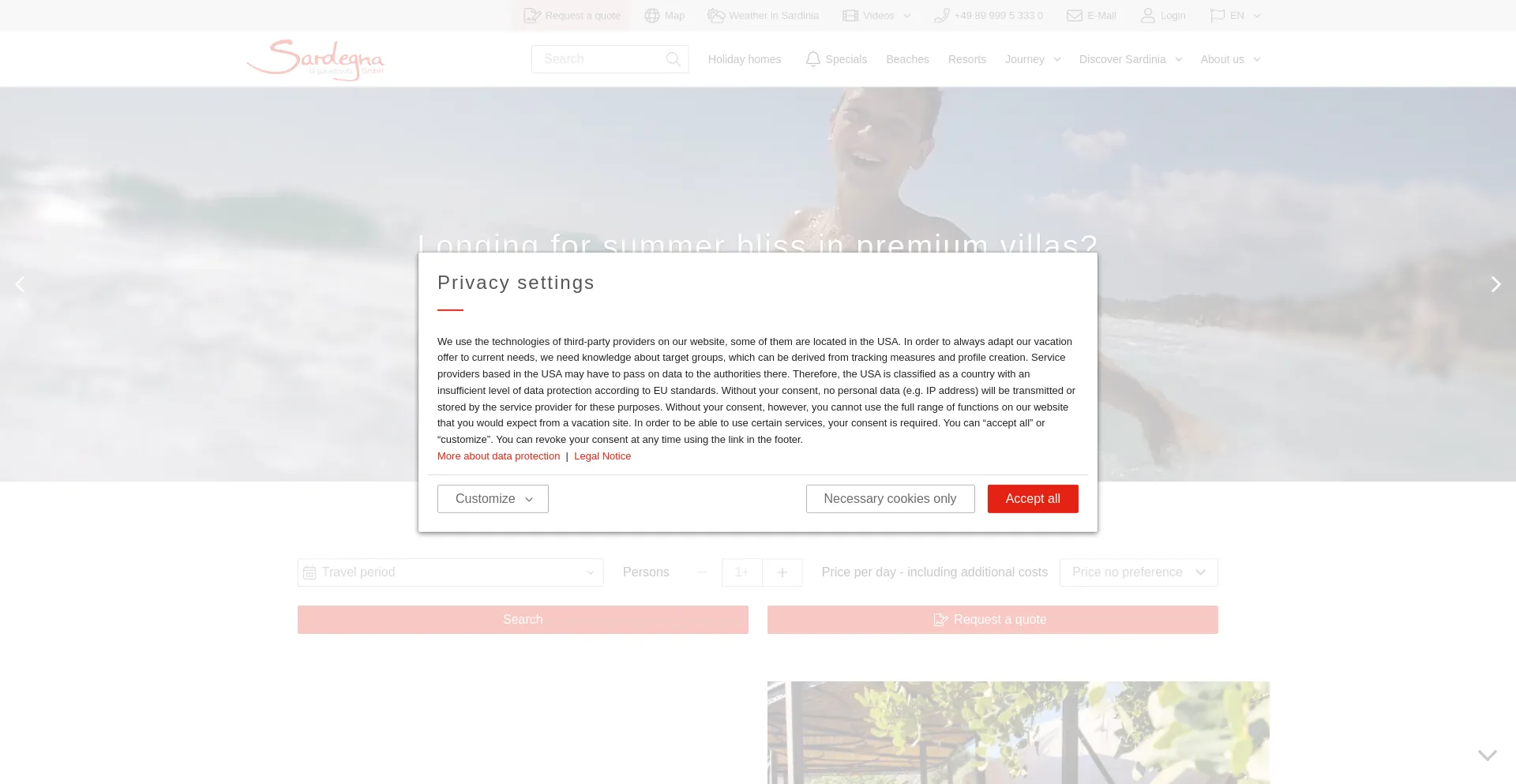Website screenshot of Discover-sardinia.com