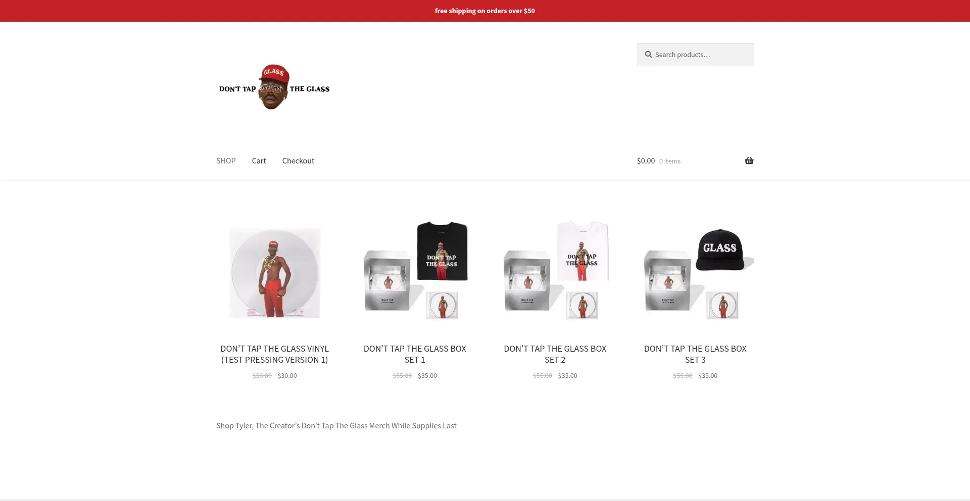 Website screenshot of Donttaptheglassshop.com