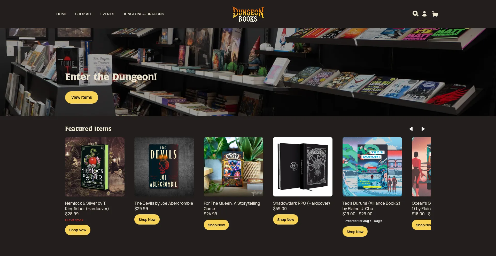 Website screenshot of Dungeonbooks.com