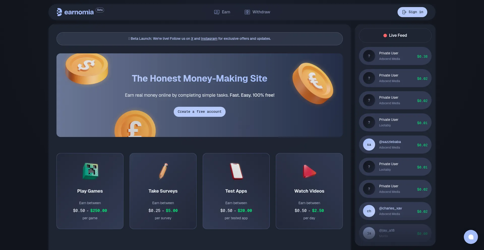 Website screenshot of Earnomia.com