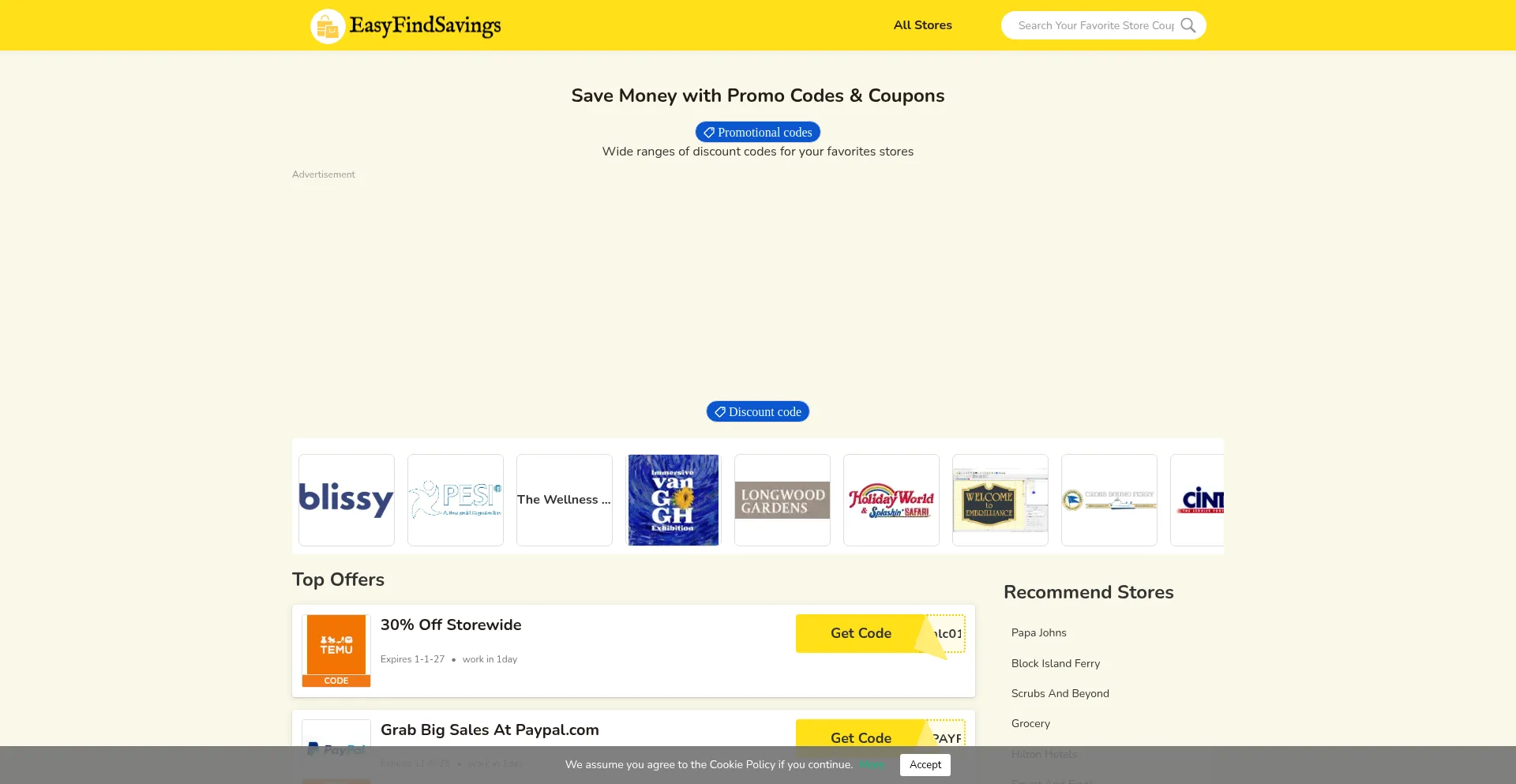 Website screenshot of Easyfindsavings.com