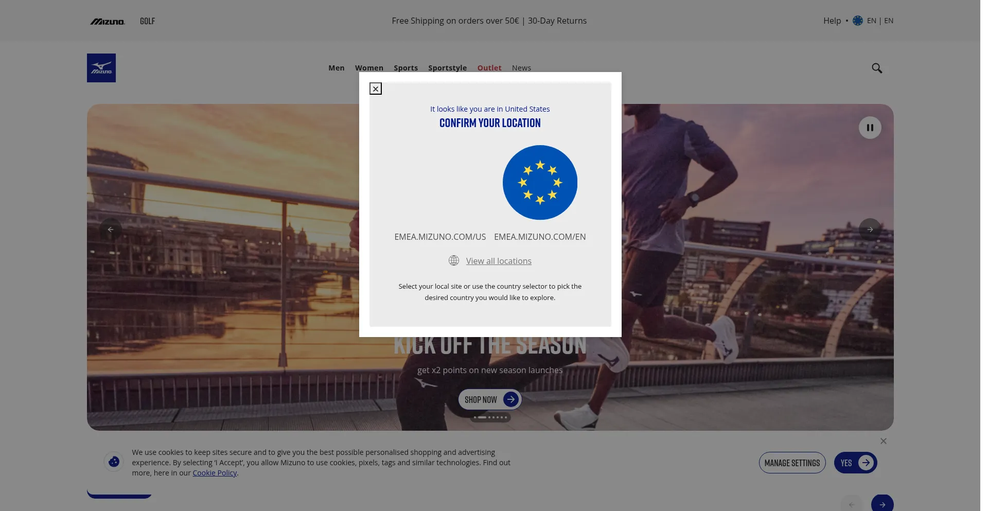 Website screenshot of Emea.mizuno.com