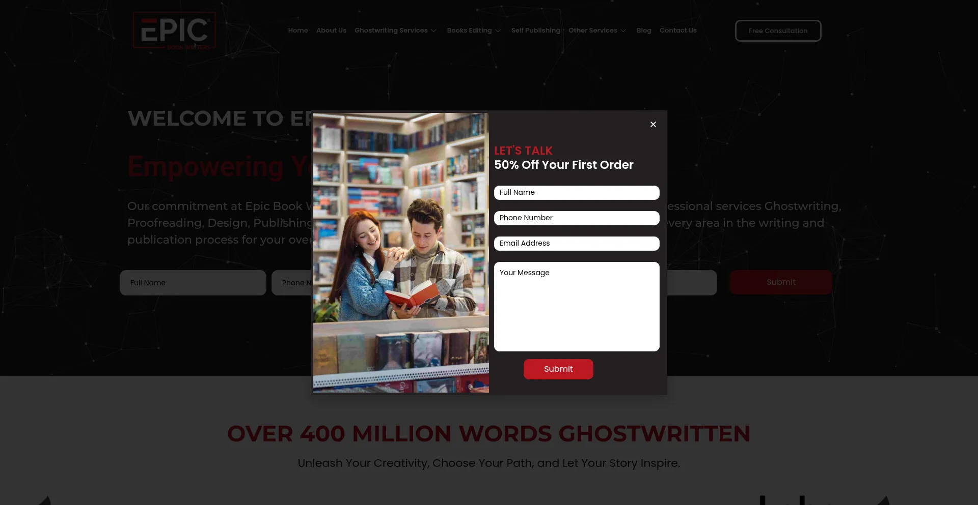 Website screenshot of Epicbookwriters.com