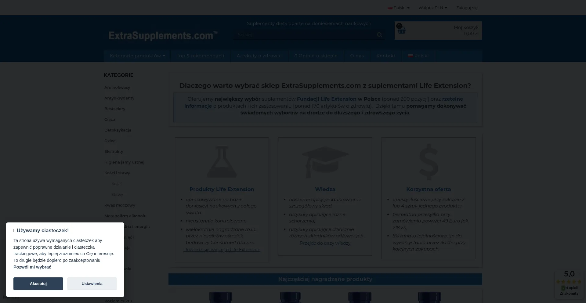 Website screenshot of Extrasupplements.com