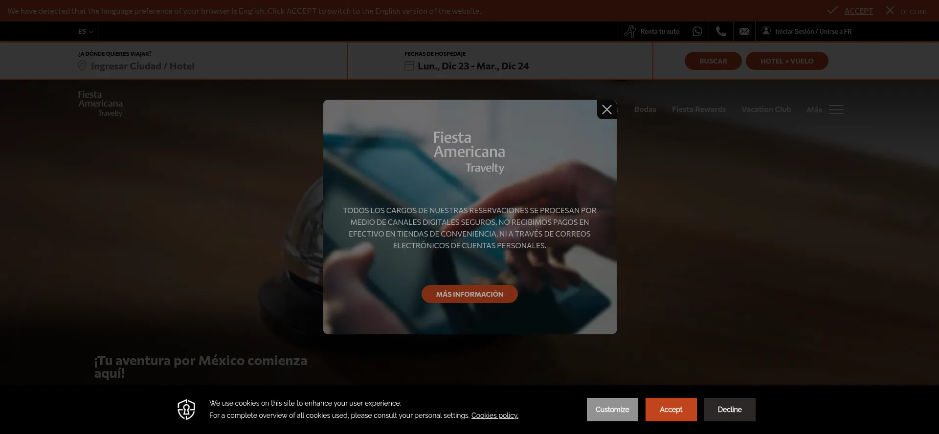 Website screenshot of Fiestamericanatravelty.com