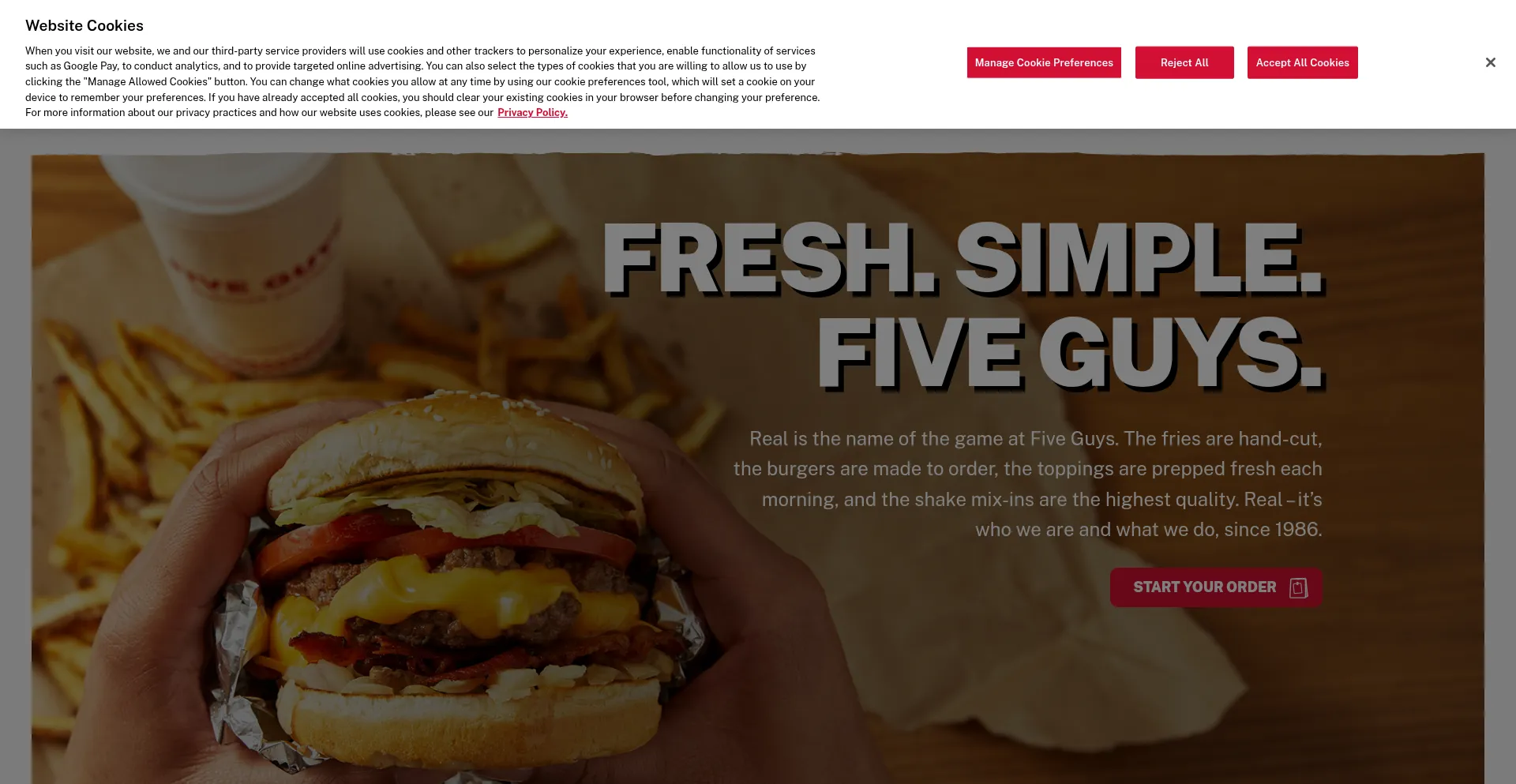 Website screenshot of Fiveguys.com