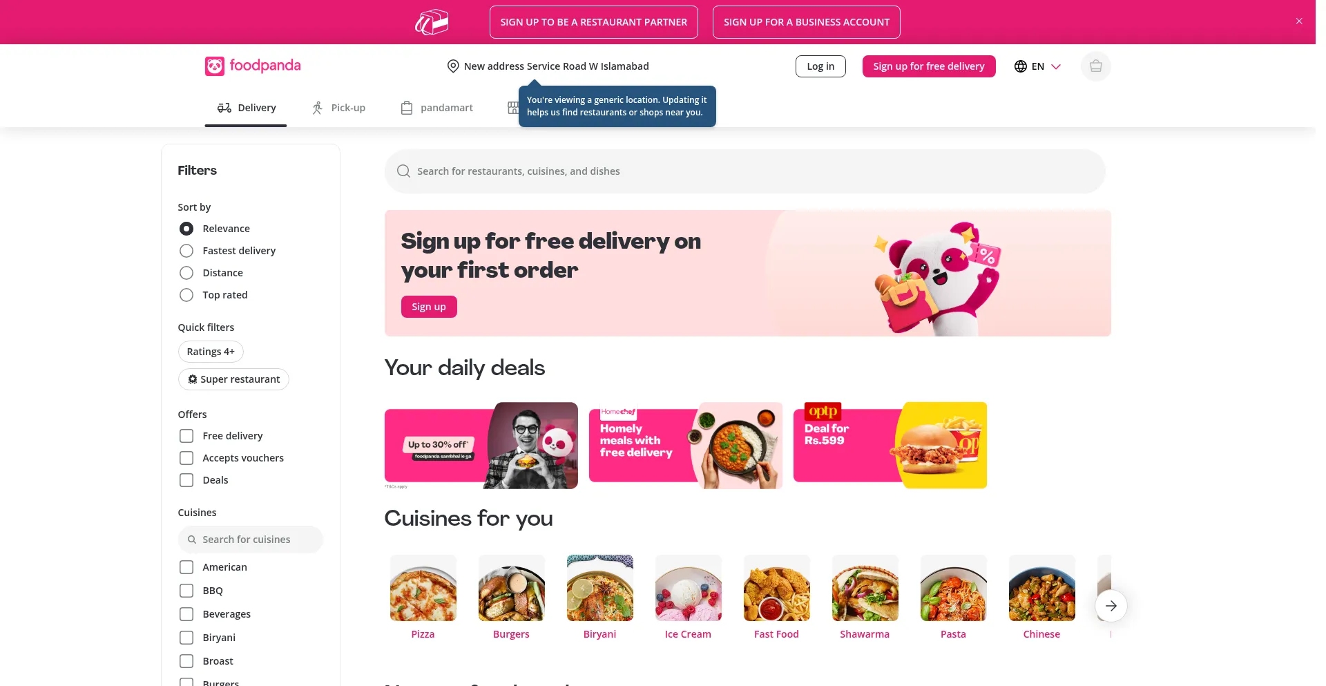Website screenshot of Foodpanda.pk