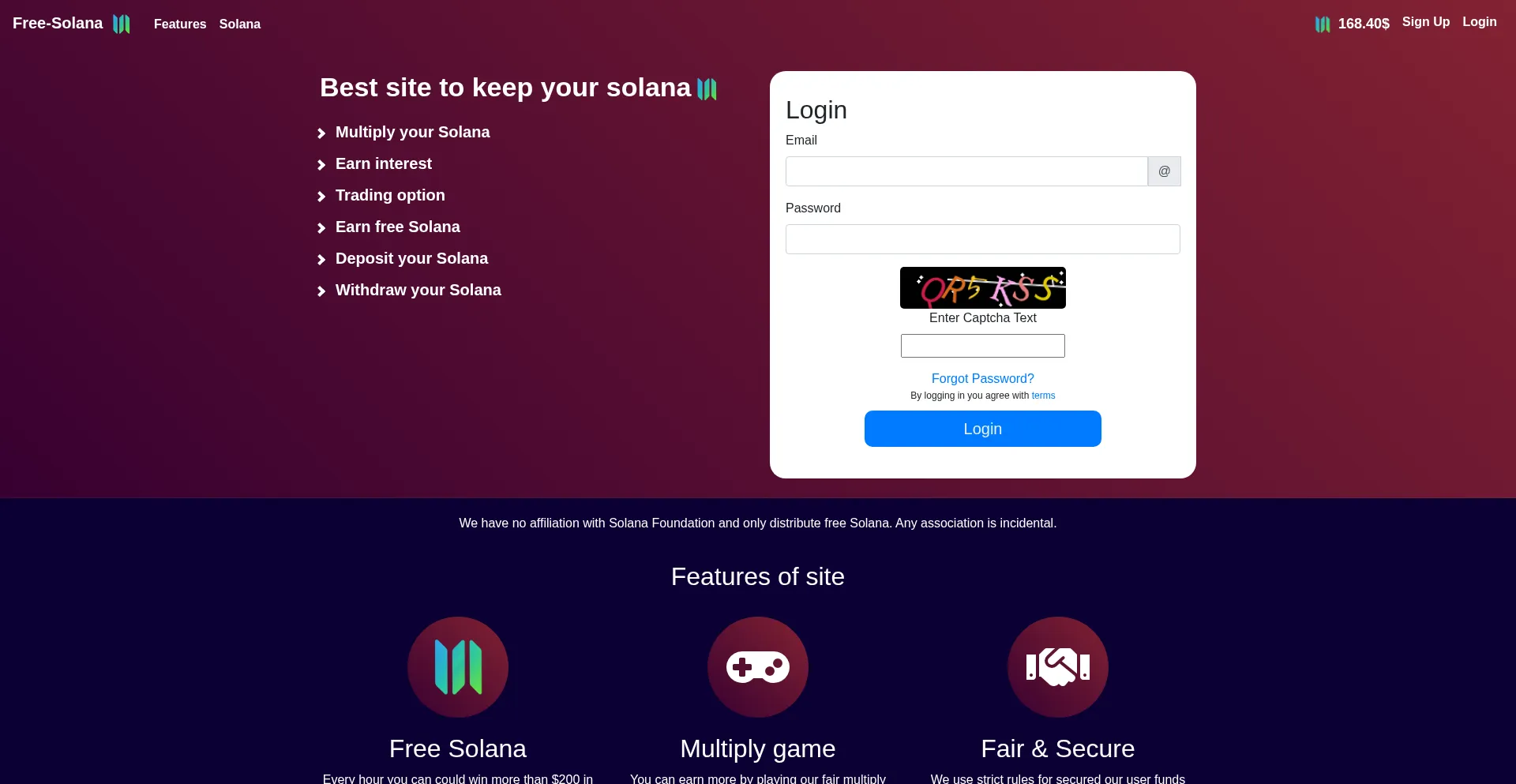 Website screenshot of Free-solana.com