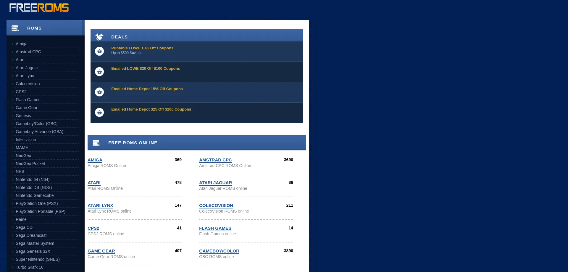 Website screenshot of Freeroms.com