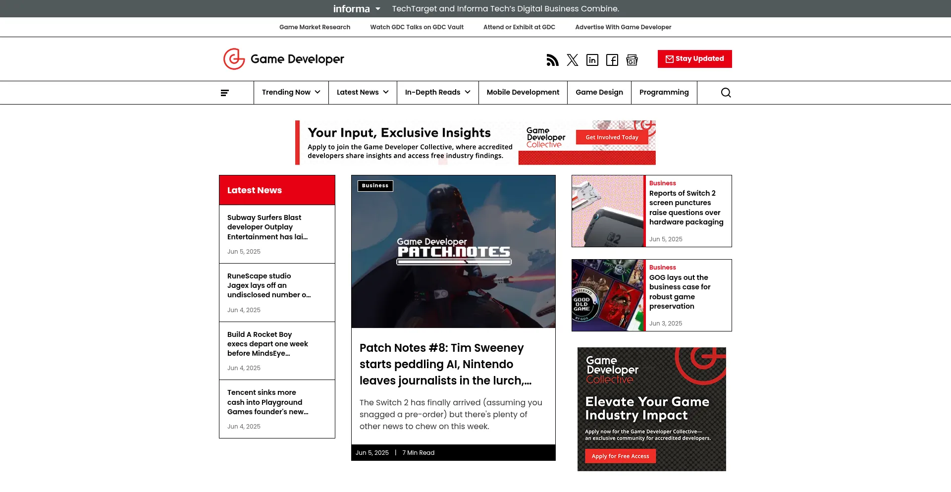 Website screenshot of Gamedeveloper.com