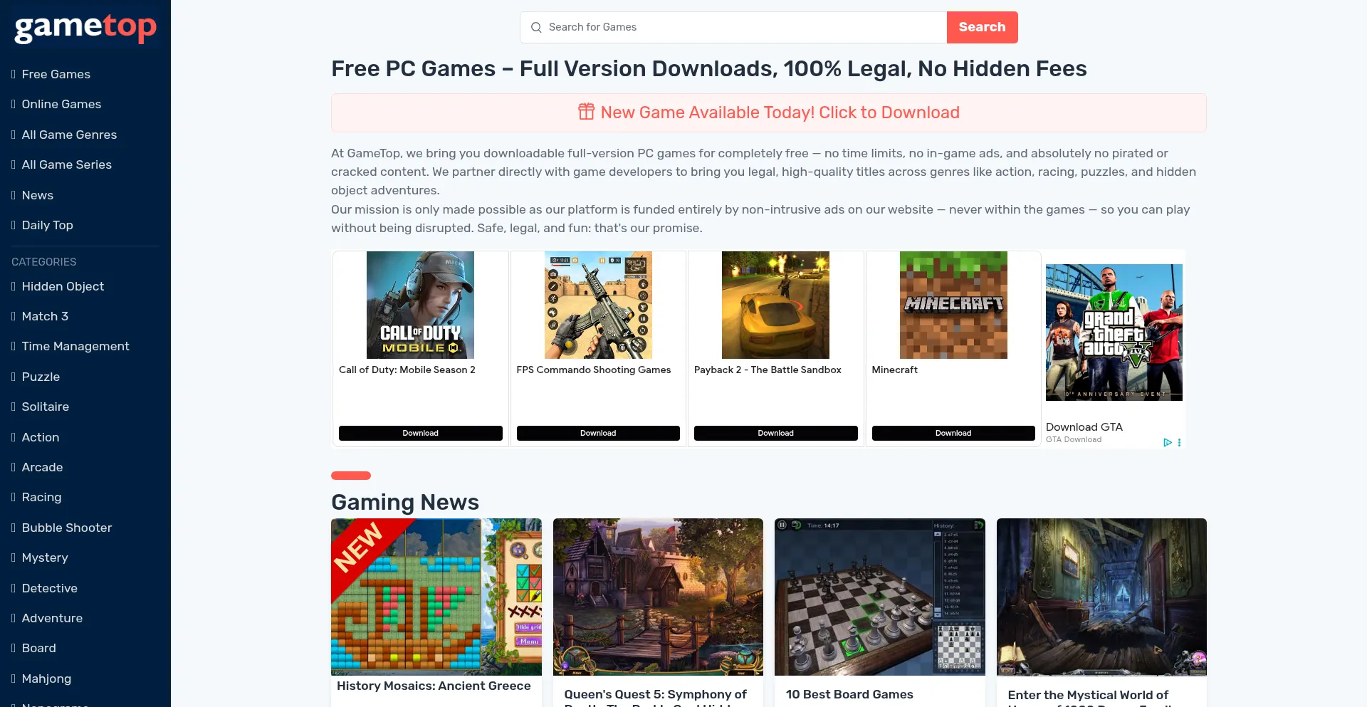Website screenshot of Gametop.com