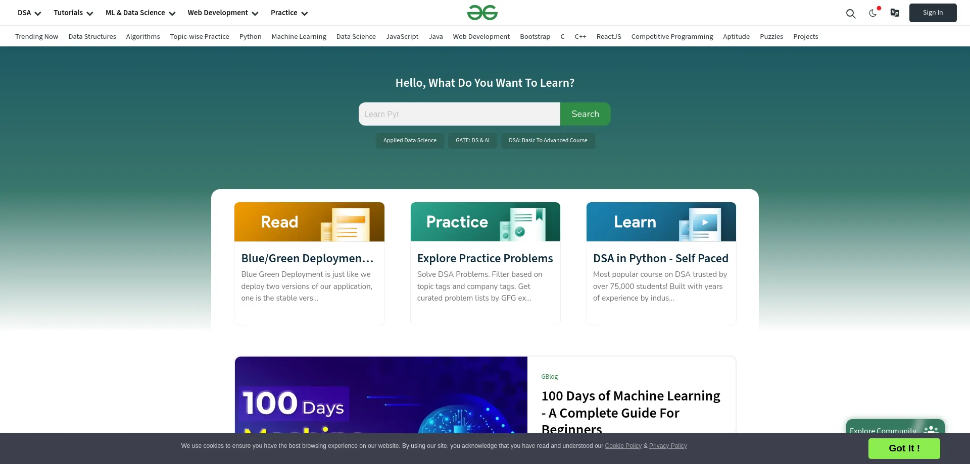 Website screenshot of Geeksforgeeks.org