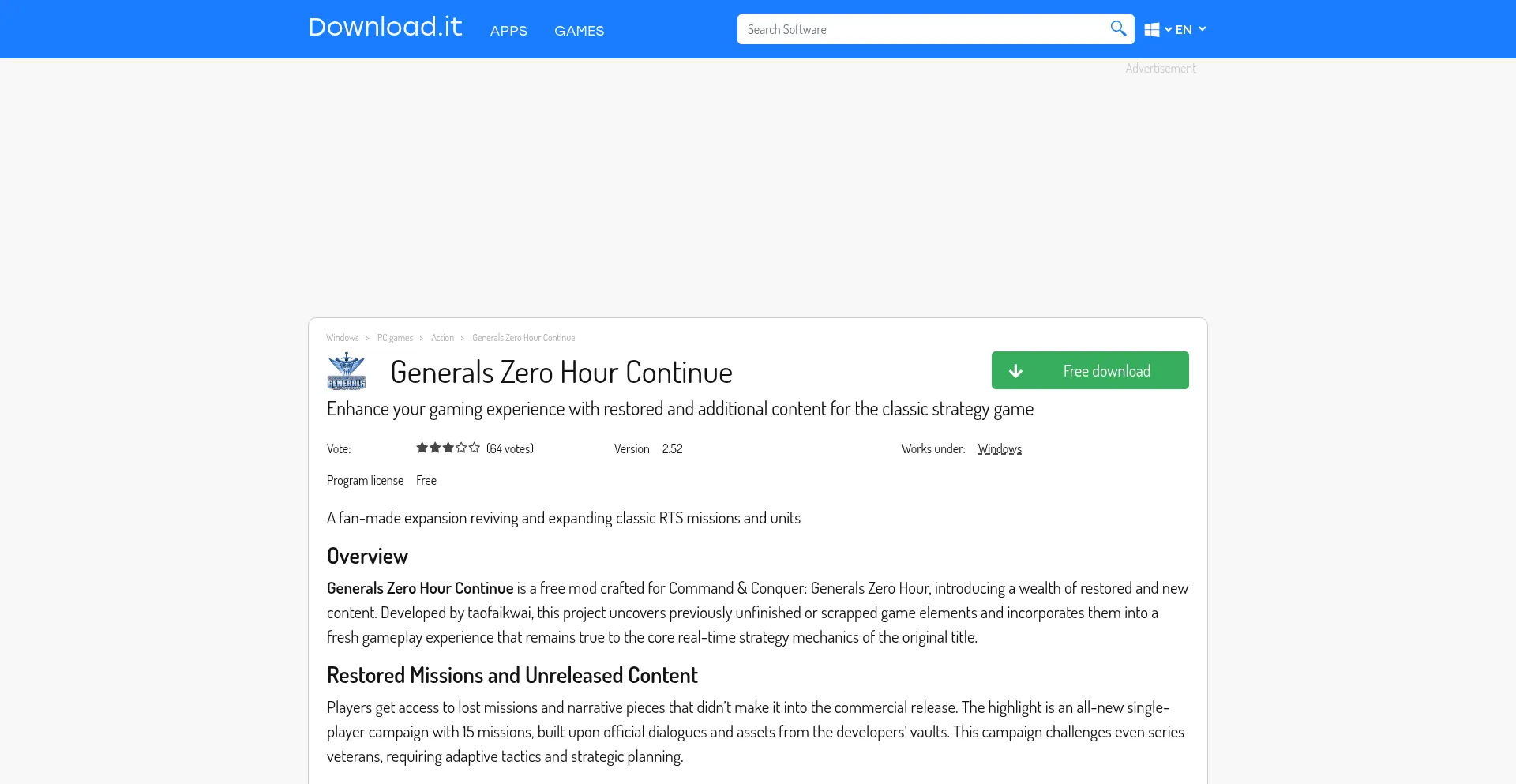Website screenshot of Generals-zero-hour-continue.en.download.it