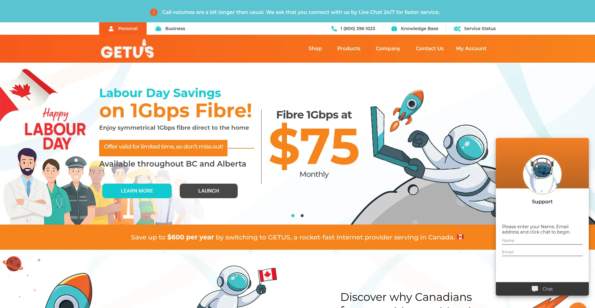Website screenshot of Getus.ca