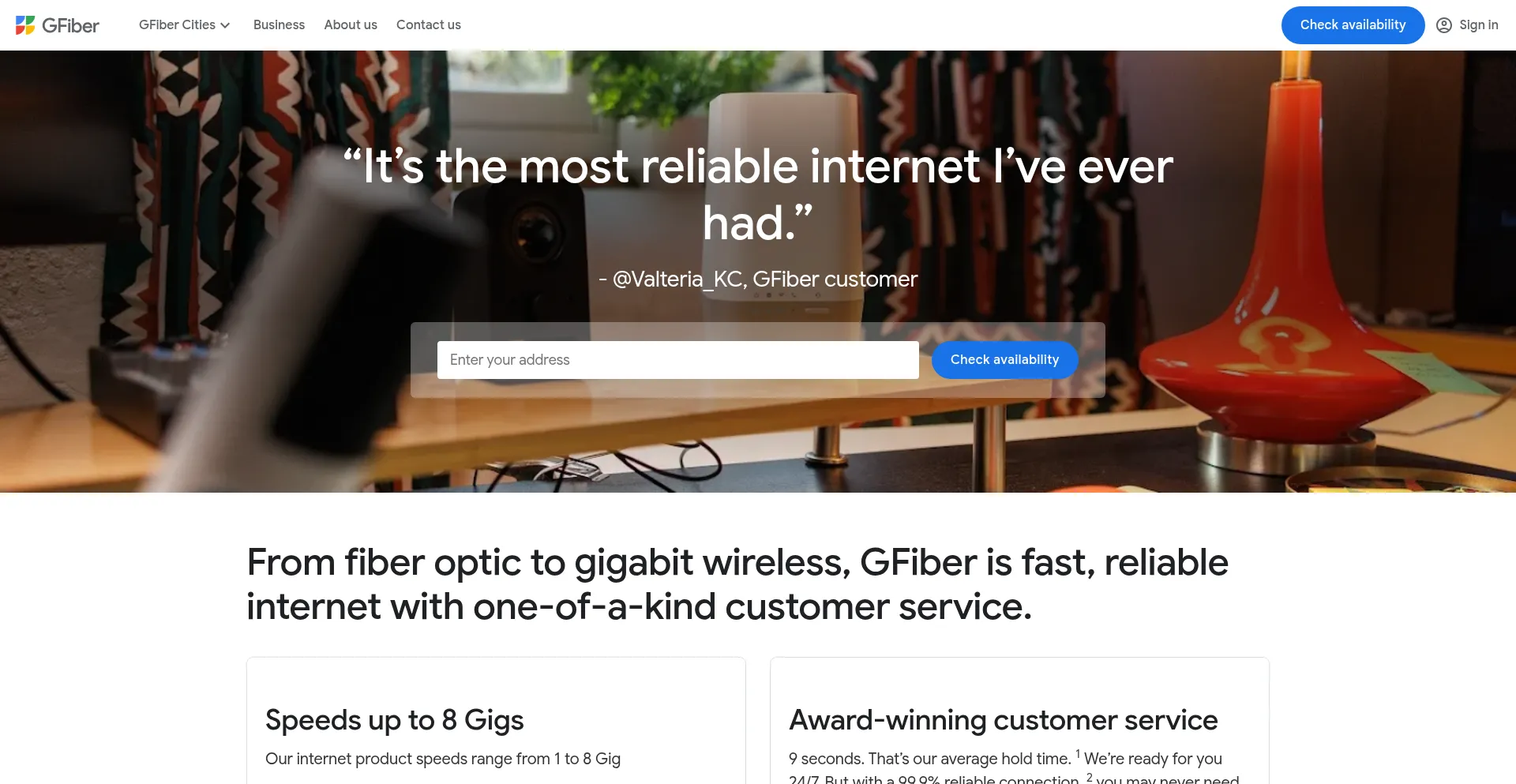 Website screenshot of Gfiber.com