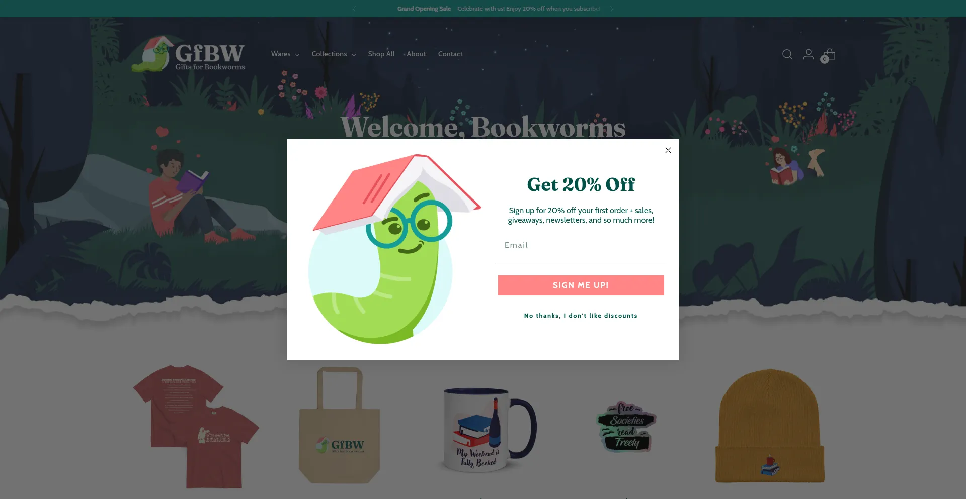 Website screenshot of Giftsforbookworms.com