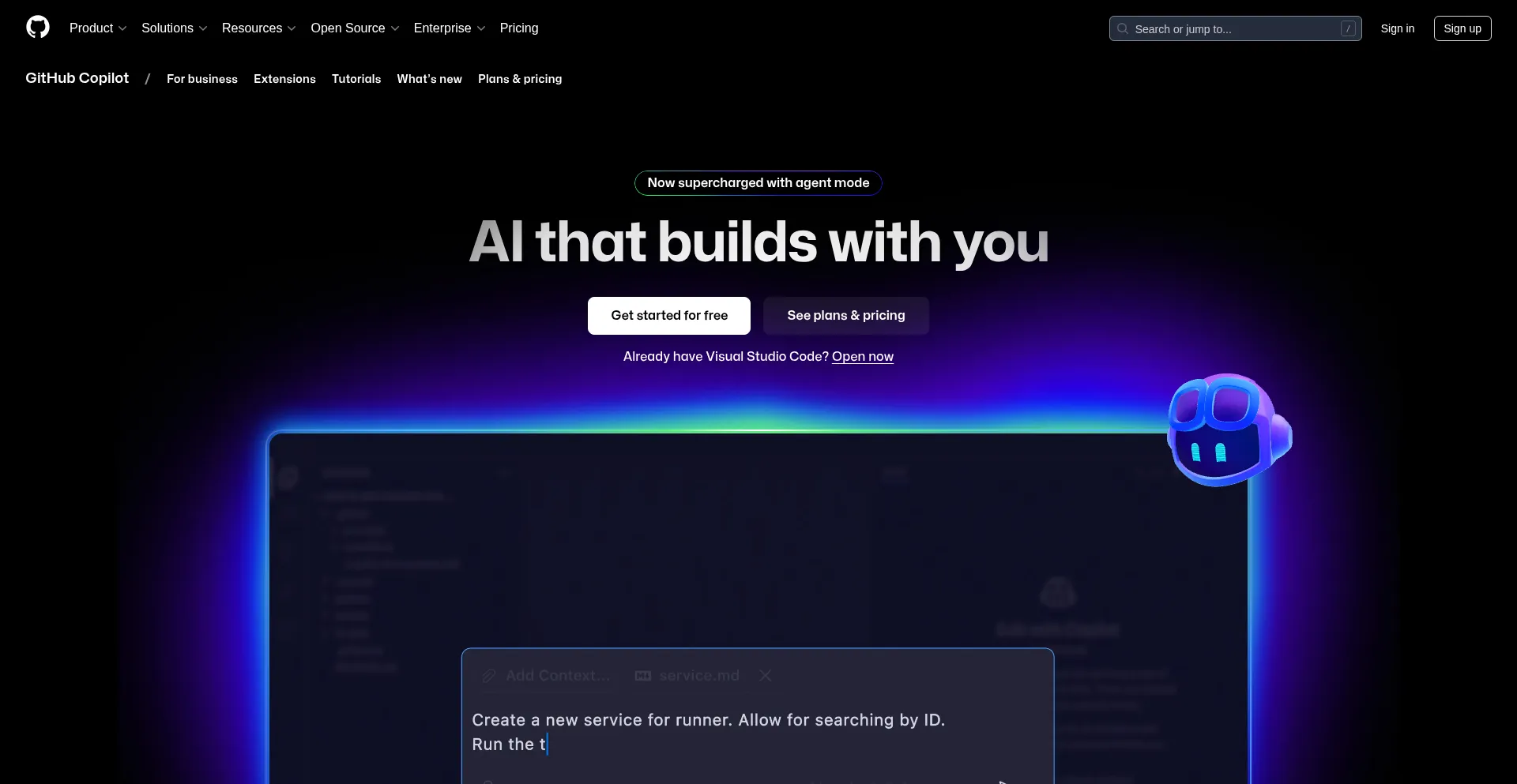 Website screenshot of Githubcopilot.com