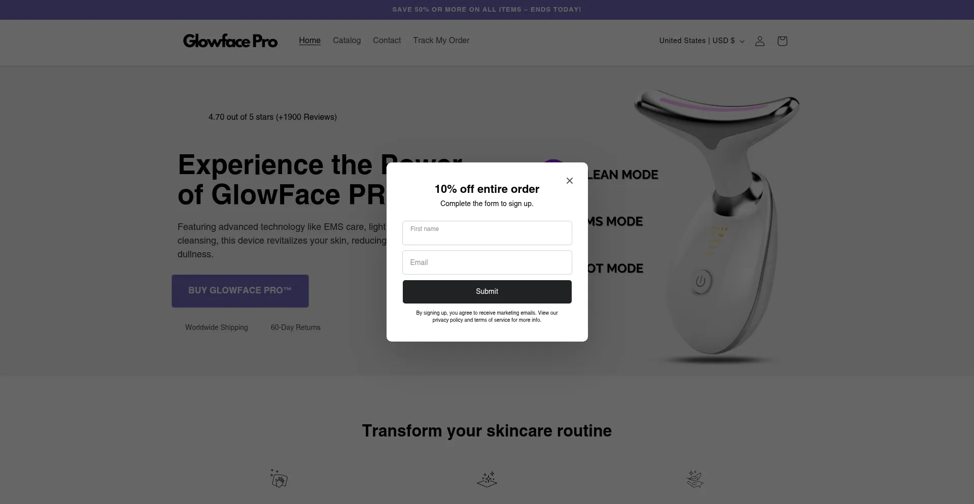 Website screenshot of Glowfacepro.com