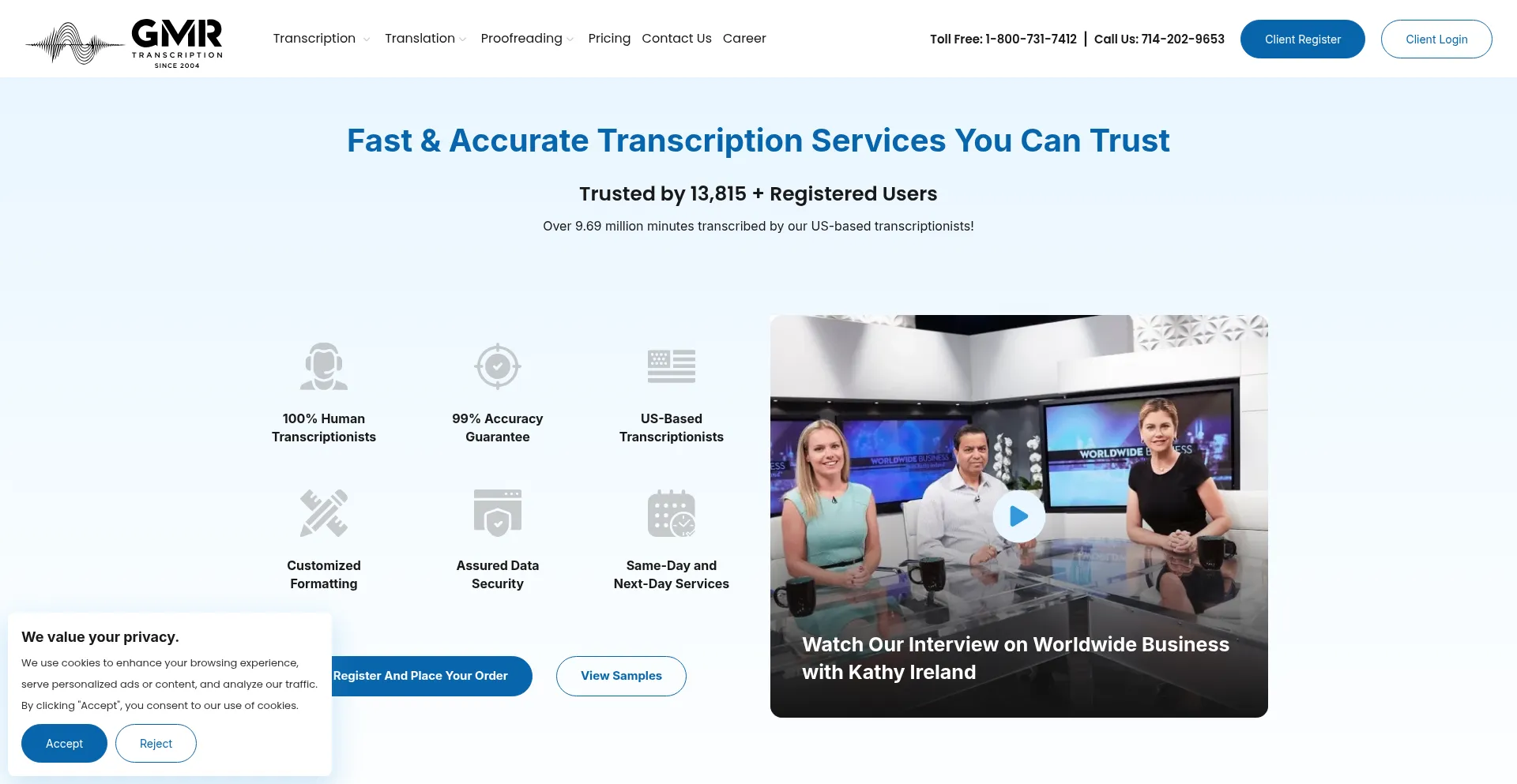 Website screenshot of Gmrtranscription.com