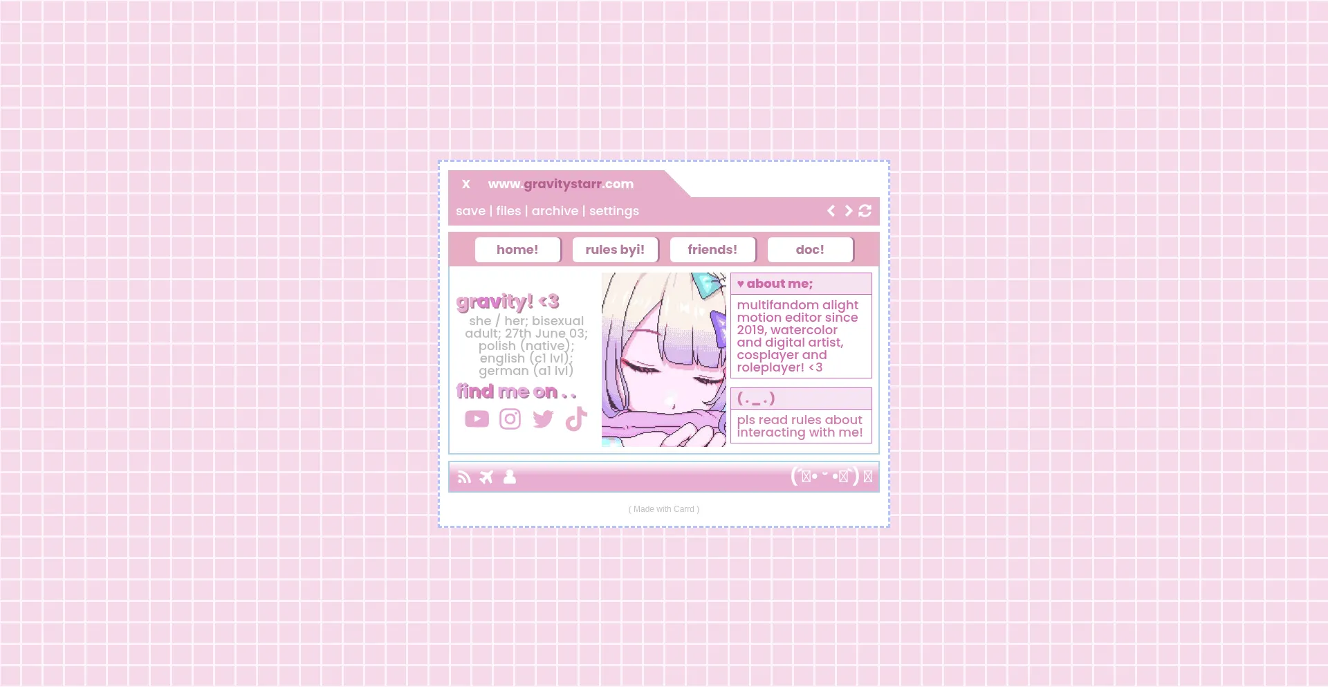 Website screenshot of Gravitystarr.carrd.co