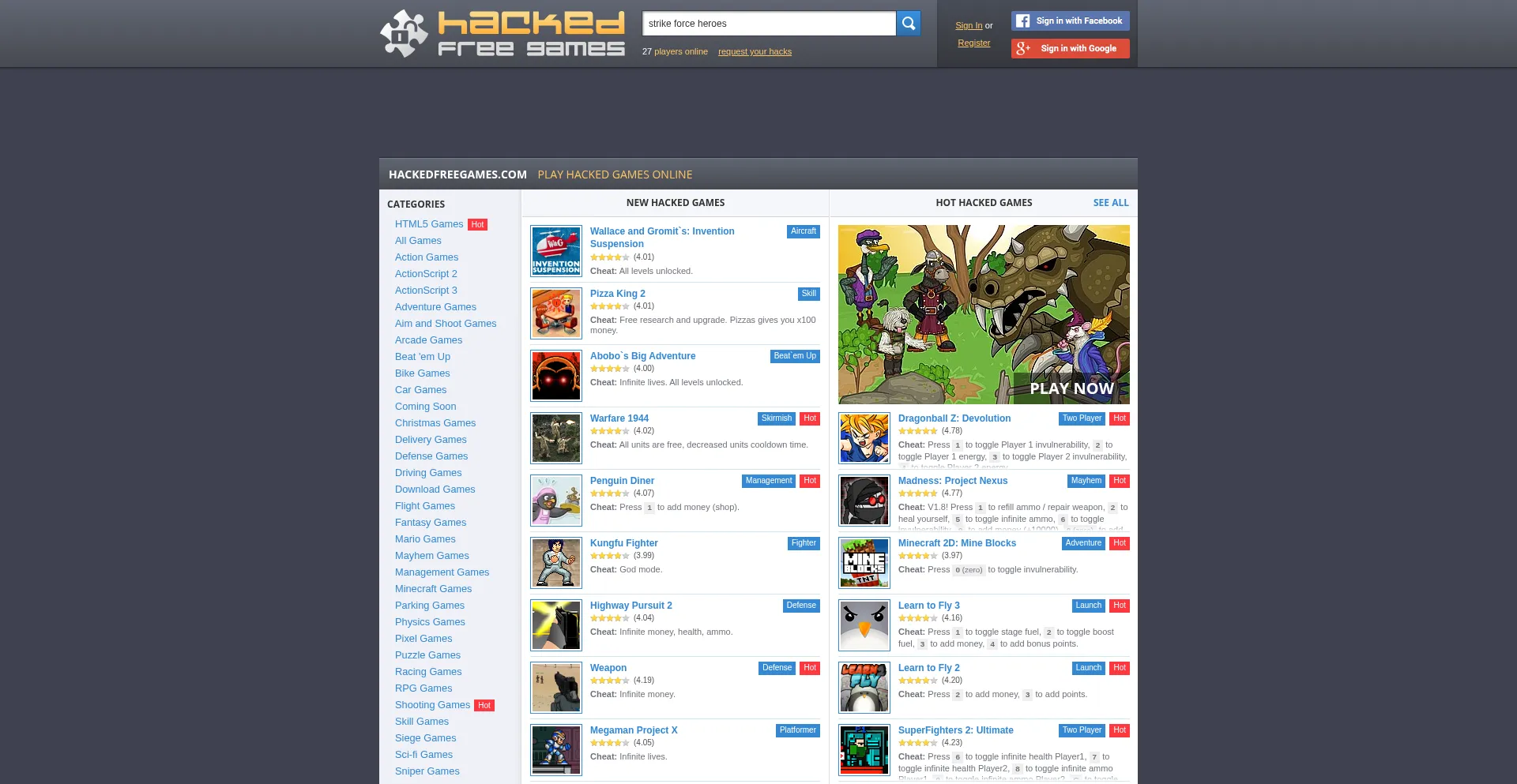 Website screenshot of Hackedfreegames.com