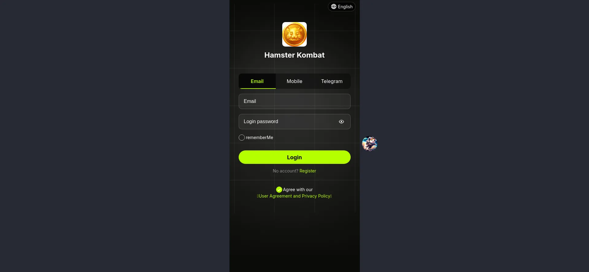 Website screenshot of Hamstertokengame.com