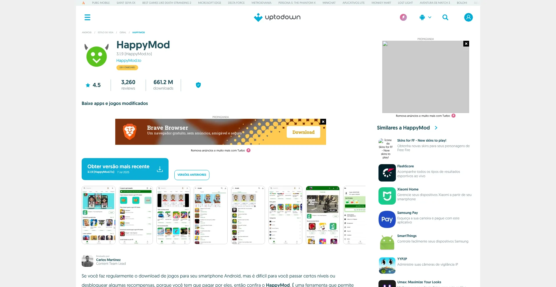 Website screenshot of Happymod.br.uptodown.com