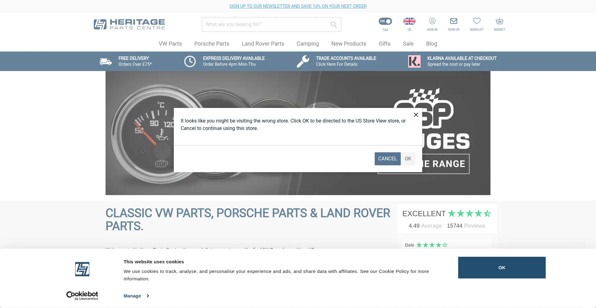 Website screenshot of Heritagepartscentre.com