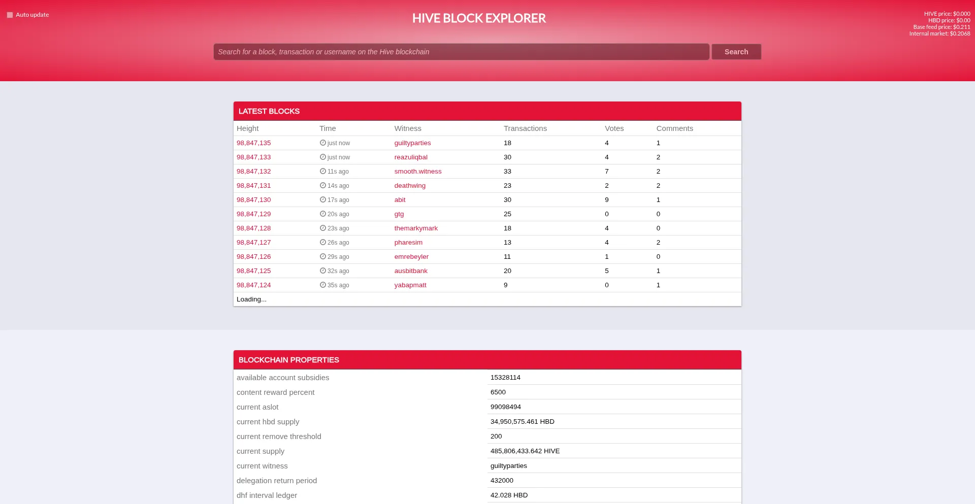 Website screenshot of Hiveblockexplorer.com