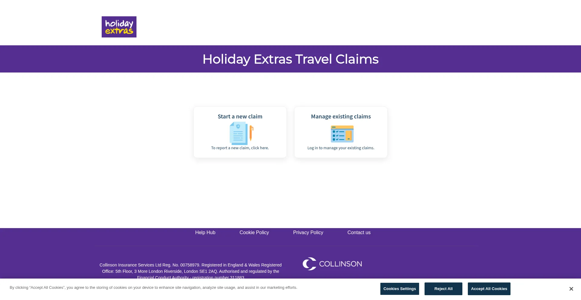 Website screenshot of Holidayextras.collinsoninsurance.com