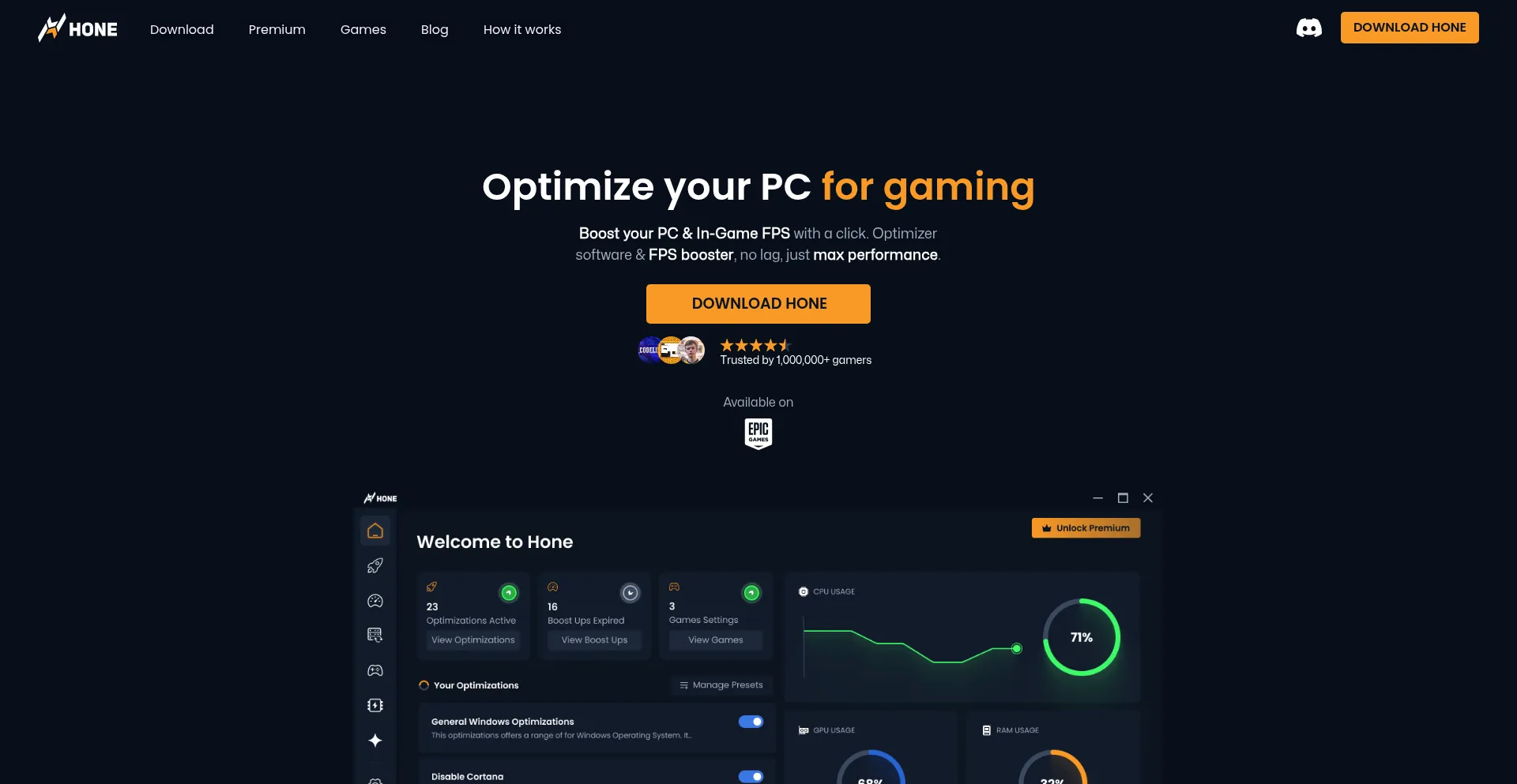 Website screenshot of Hone.gg