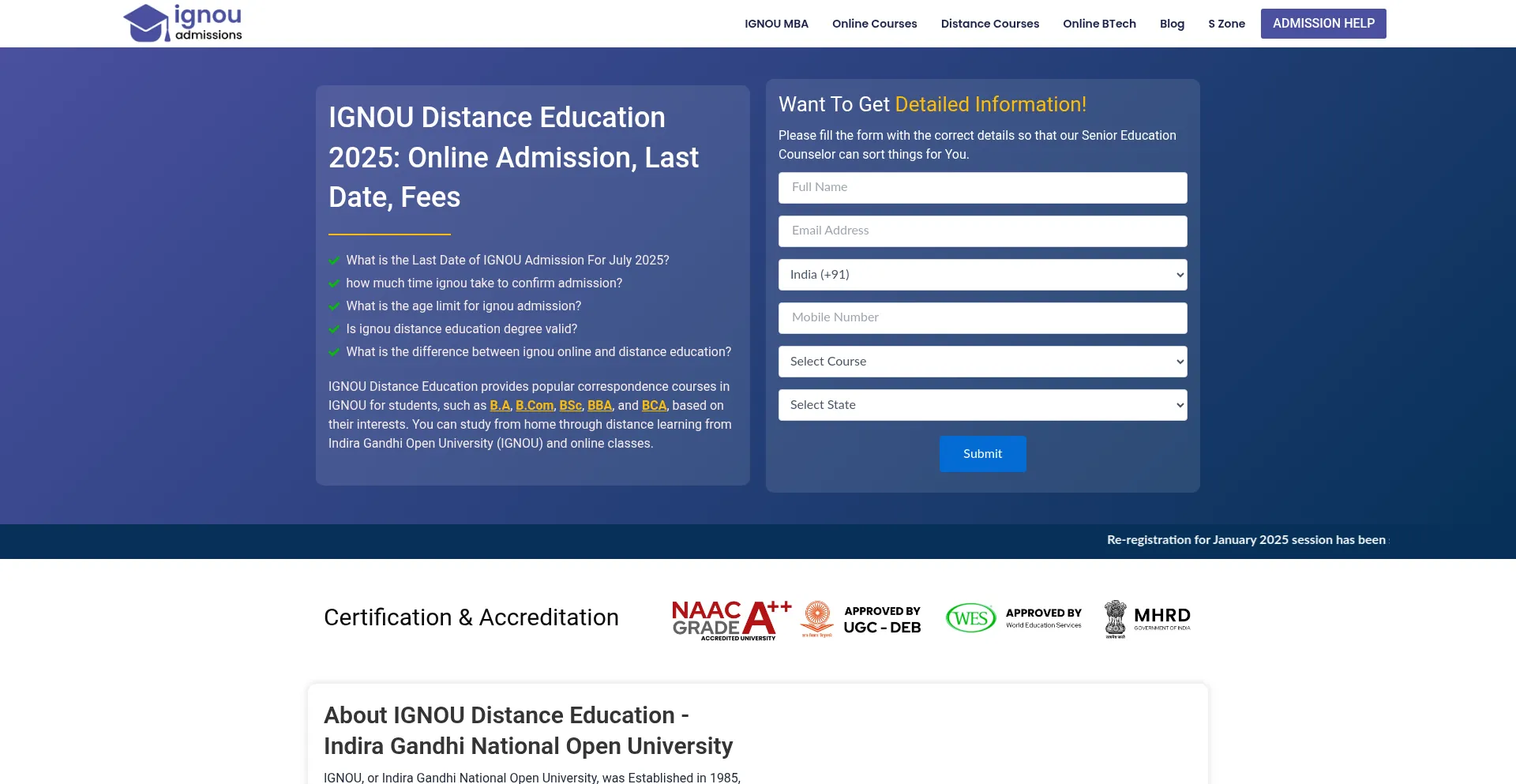 Website screenshot of Ignouadmissions.in