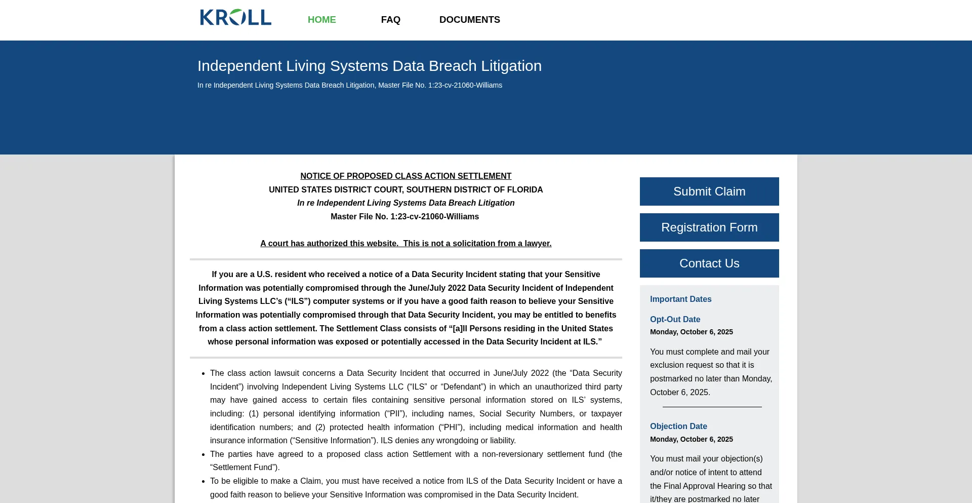 Website screenshot of Ilsdatabreachsettlement.com