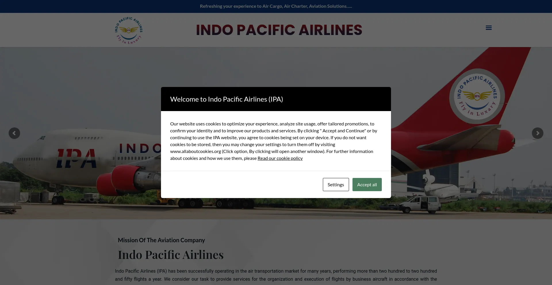 Website screenshot of Indopacificairlines.com