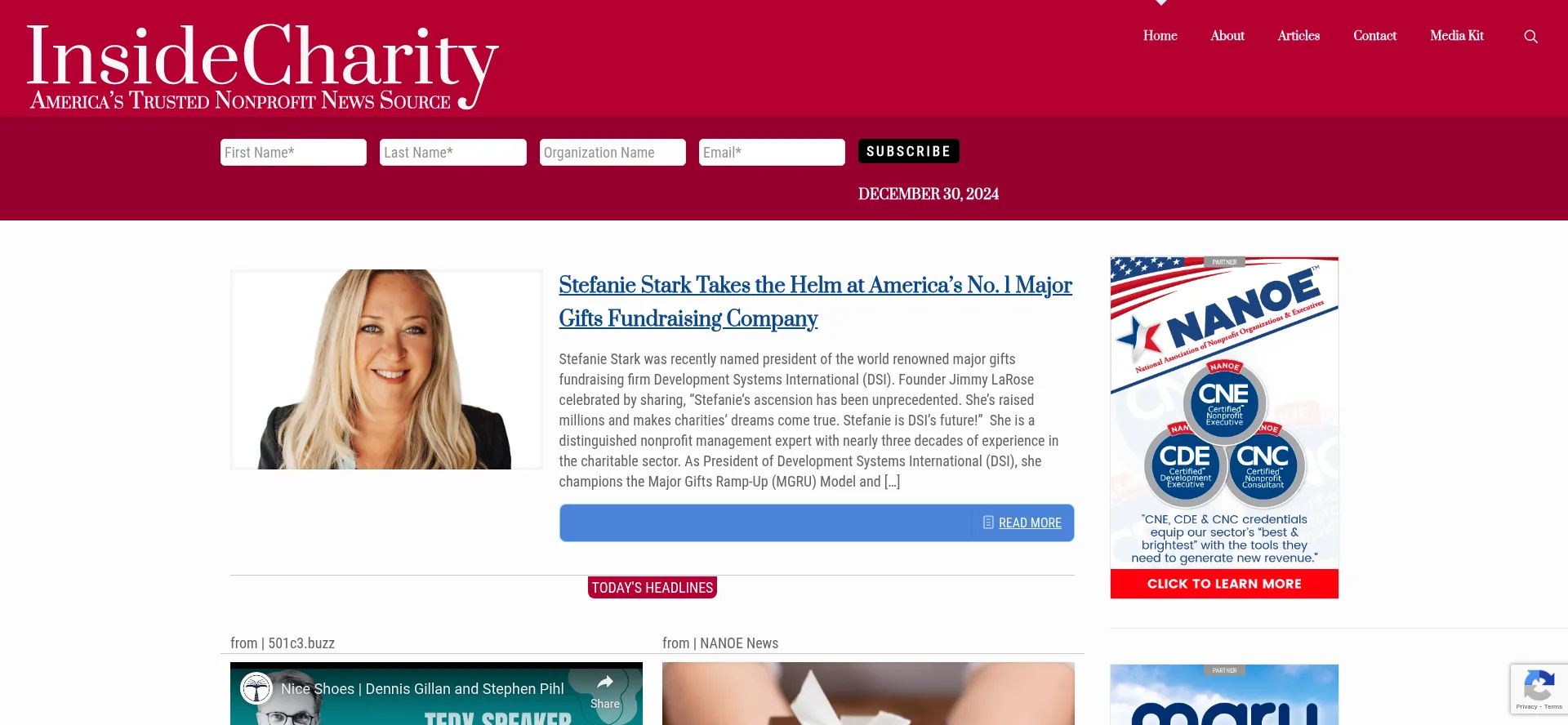 Website screenshot of Insidecharity.org