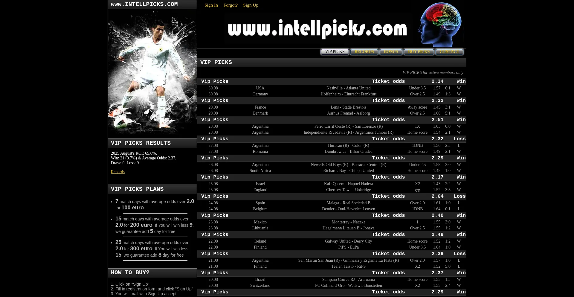 Website screenshot of Intellpicks.com