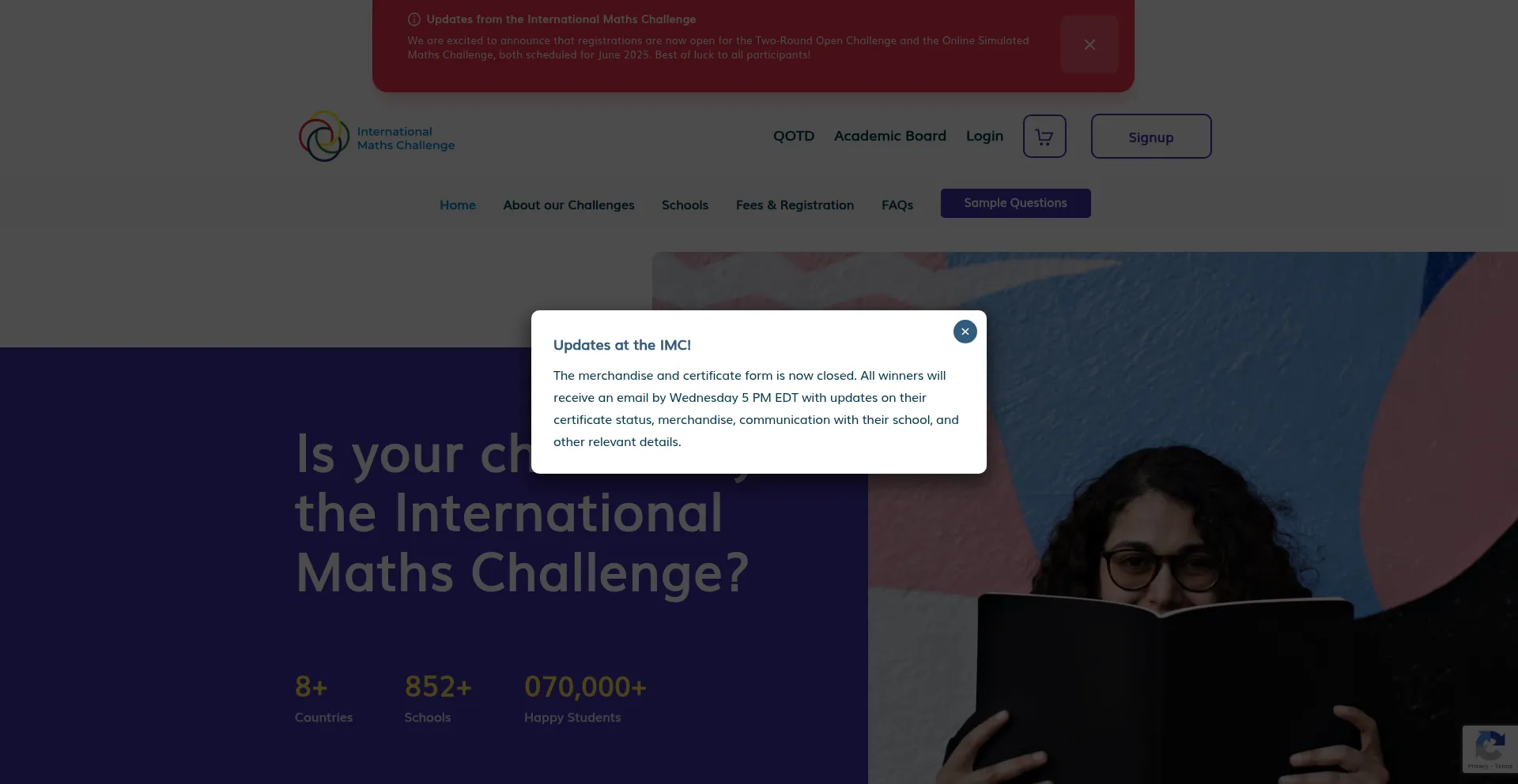 Website screenshot of International-maths-challenge.com