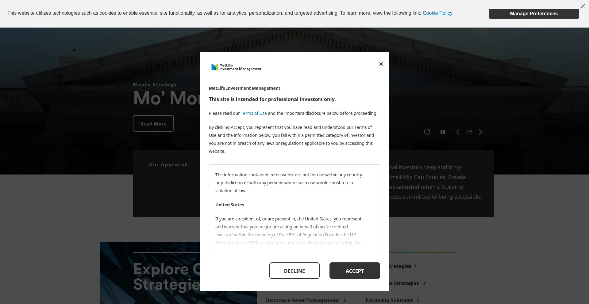 Website screenshot of Investments.metlife.com